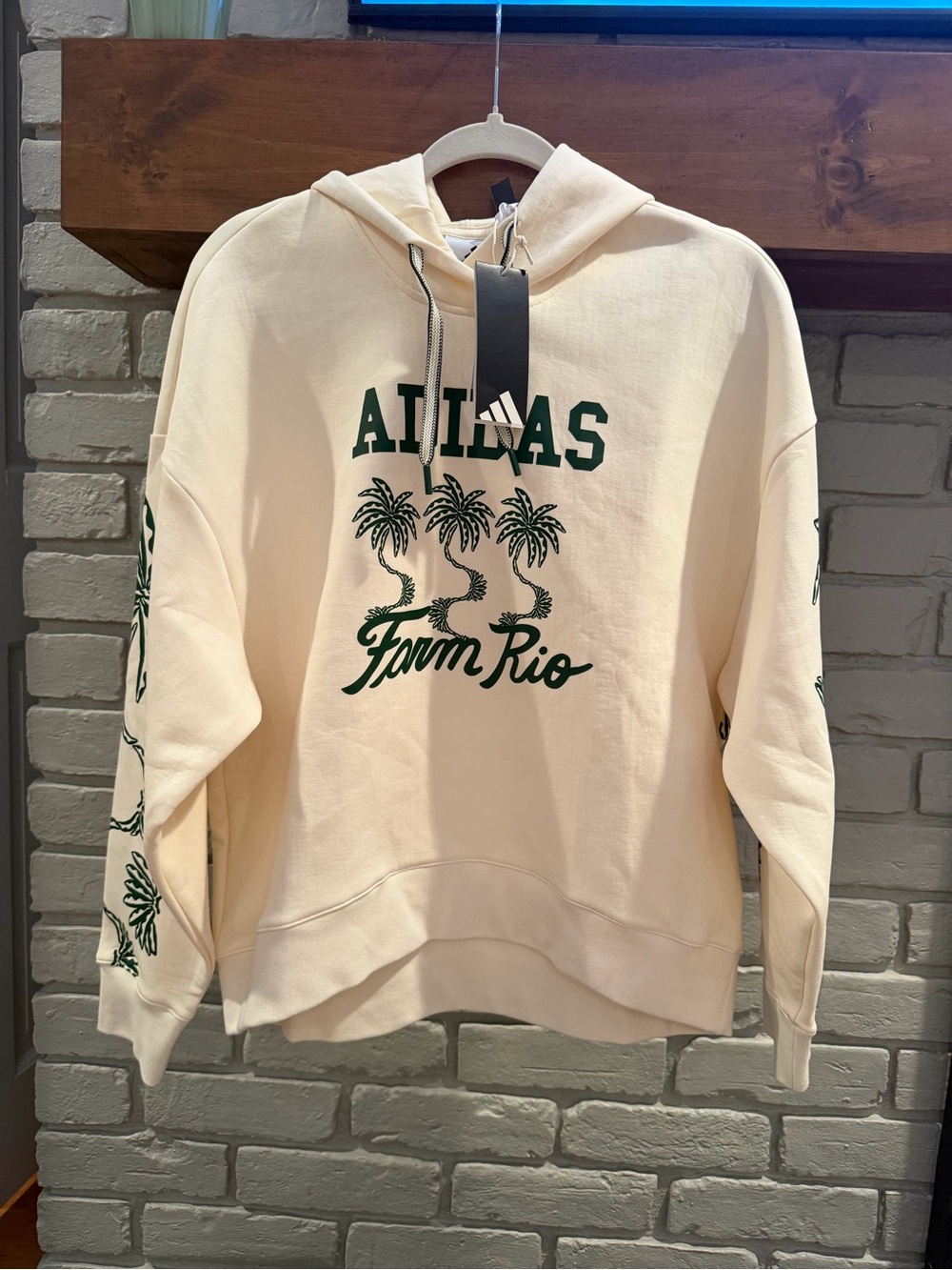 Adidas & FARM Rio Cream Hoodie with Green Palm-Print